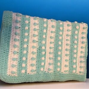 Handcrafted Crochet Baby Blanket Afghan  Cyan And White Baubles 43”x31”